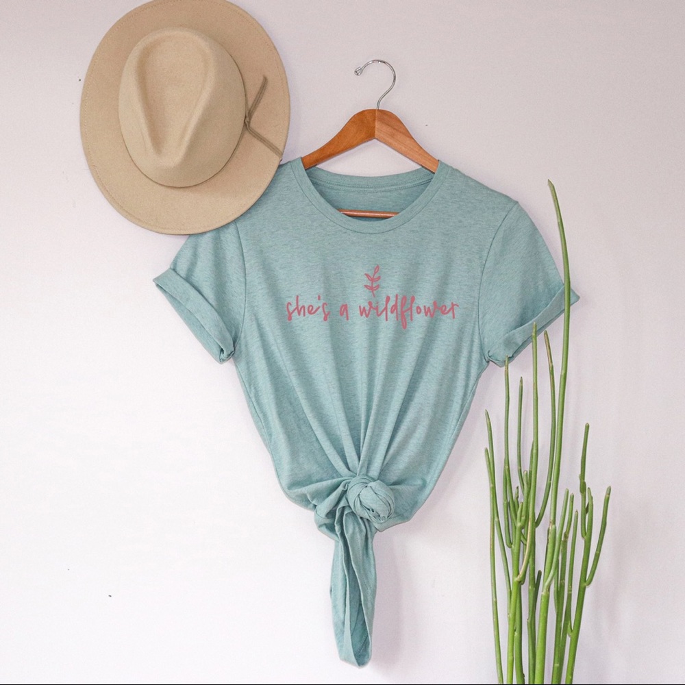 “She’s a Wildflower” tee. Handmade on Bella + Canvas soft jersey tee. Green pink